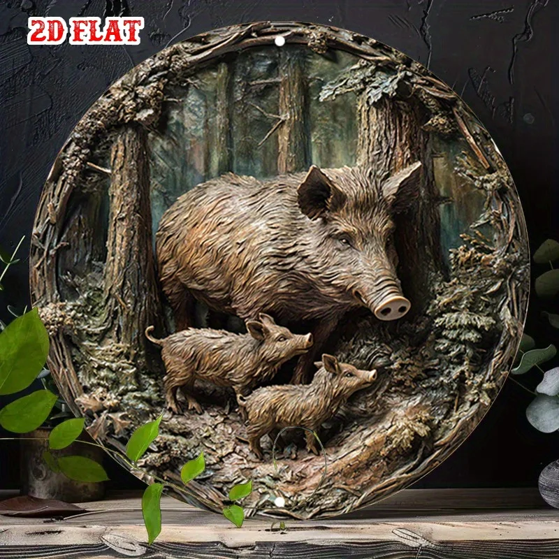 Wild Boar Family Metal Wall Art Round Aluminum Sign Forest Theme Retro Decor for Cafe Home Outdoor