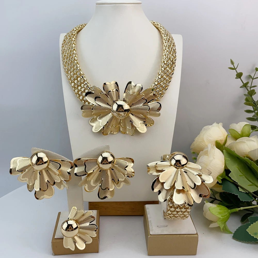 

New Fashion Trendy Women Jewelry Set Brazilian Gold-Plated African Wedding Bridal Big Flower Pendant Necklace Gifts FHK22987