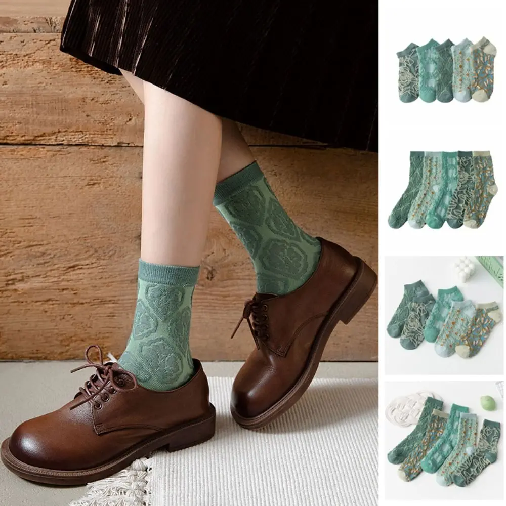 

5Pairs Elastic Flower Floral Tube Socks Retro Style Thin Girls Mid-calf Socks Streetwear Breathable Sweet Sock Women Female