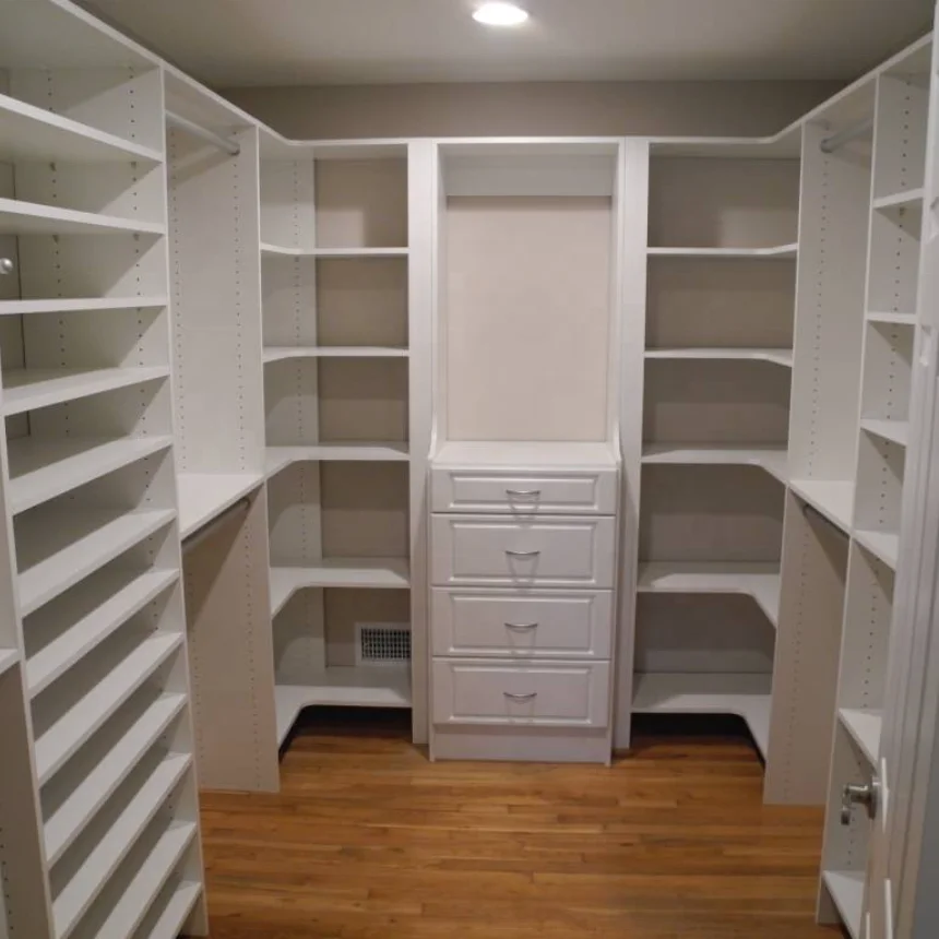 

White U-Shaped Walk-In Wardrobe With Drawers