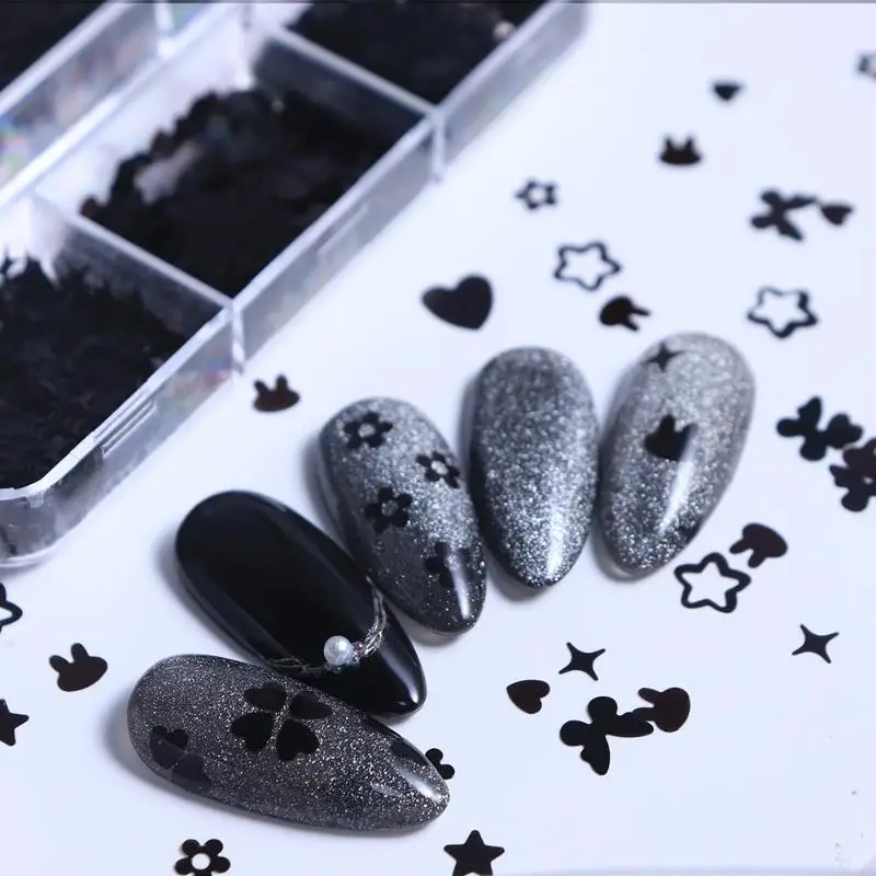 6 Grids Black Heart-shaped Butterfly Star Nail Glitter Mixed Decor Manicure Flakes Paillettes Stunning Seqiuns DIY Nail Manicure