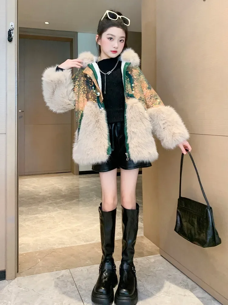 Children Girls Fur Coat Kids Winter Sequins Hooded Coat Jacket Teenager Girl Princess Thick Warm Cotton Outerwear 3-12Year