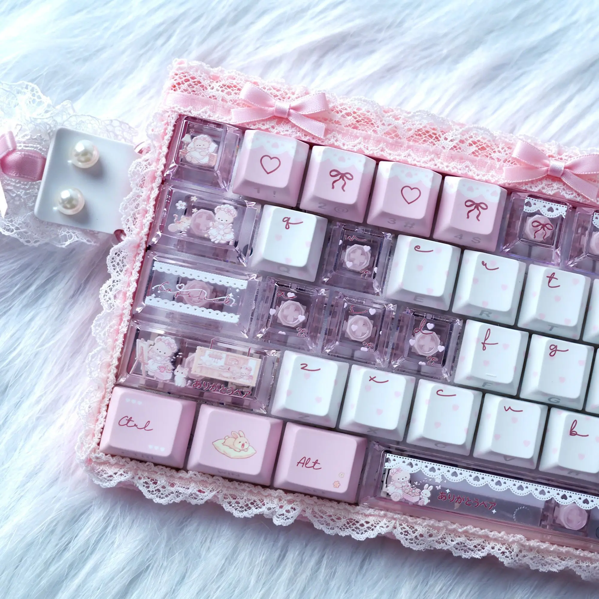 73 Keys Bear Tea Party Keycaps Side Engraved Light Cherry Dye-Sub Customise Key Cap for Mechanical Magnetic Keyboard Wooting
