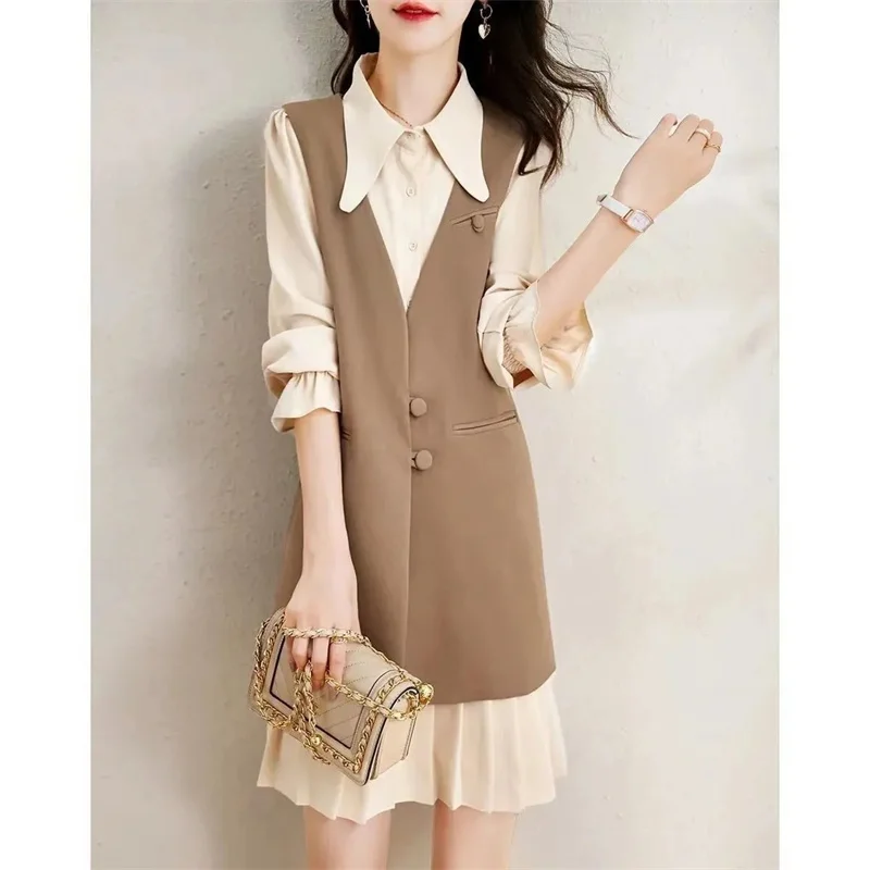 Korean Female Solid Color Two Piece Set High-grade Women Loose 2PCS Maxi Dress Spring Autumn Ladies Long Sleeves Long Dresses ﻿