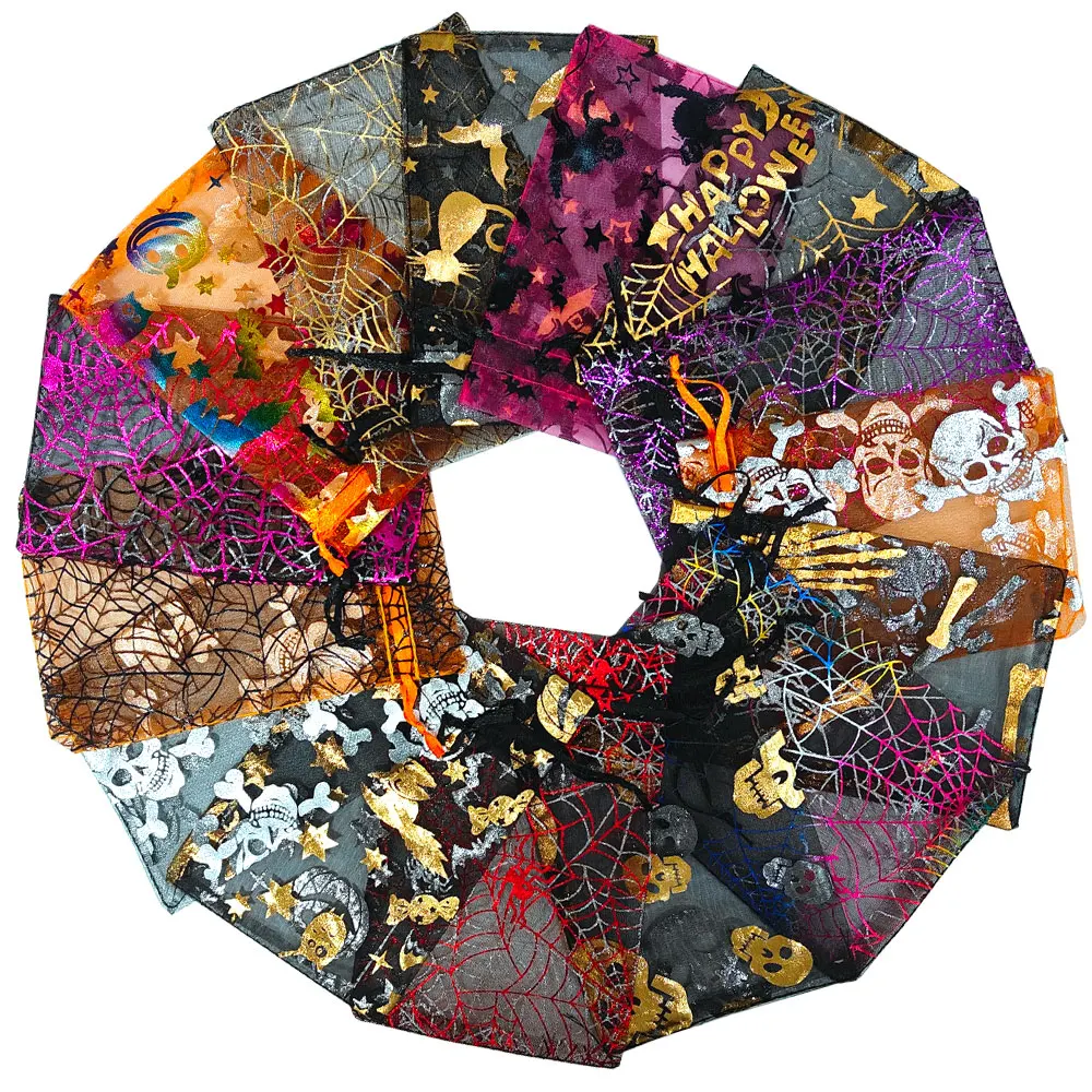 25/50/100pcs Colorful Halloween Organza Gift Bags Skull Spider Web Printing Packaging Gift High Quality Drawstring Candy Bag