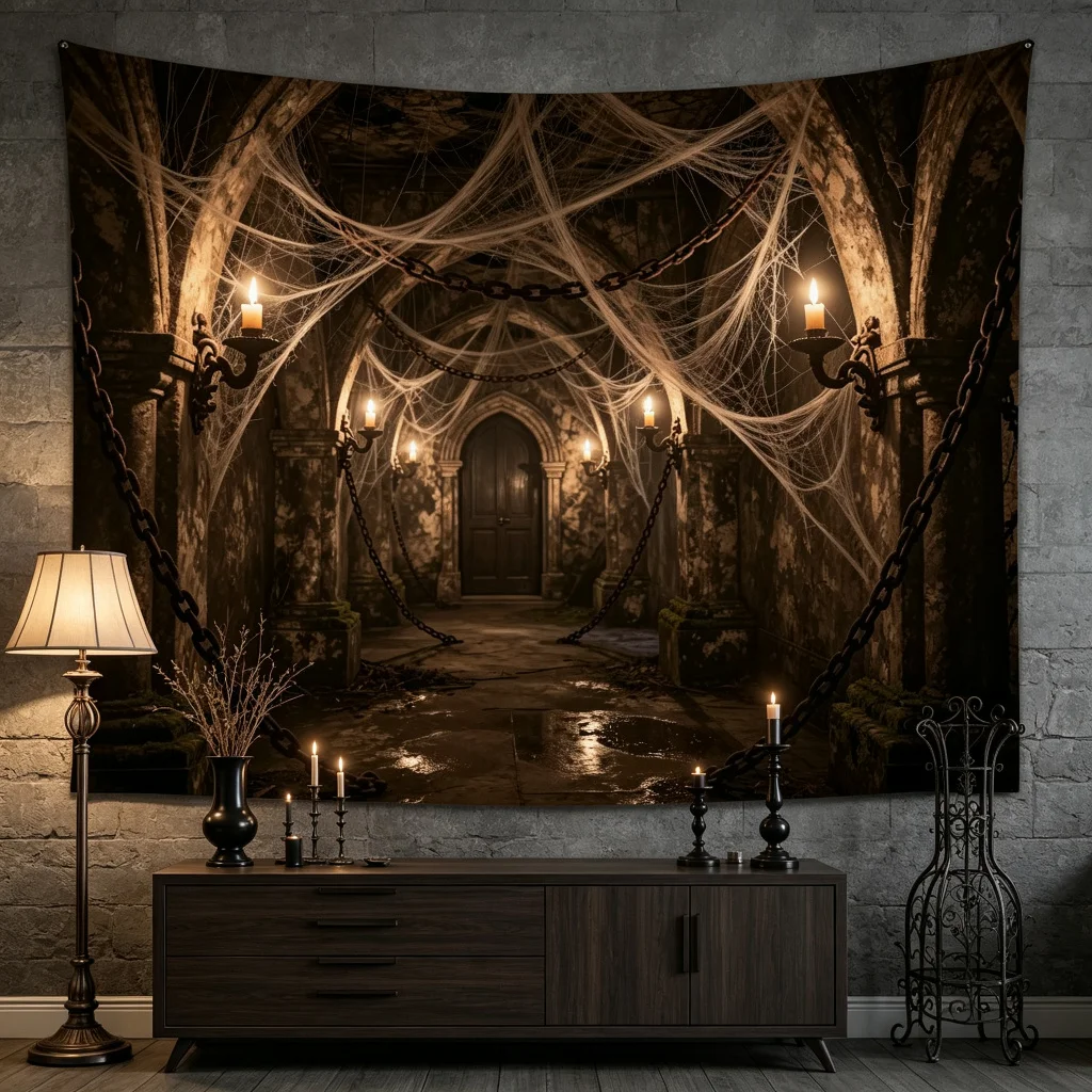 1PC Castle Passage Spider Candle Chain Print Backdrop Banner, Bedroom Photo Background, Polyester, Halloween Party Decoration