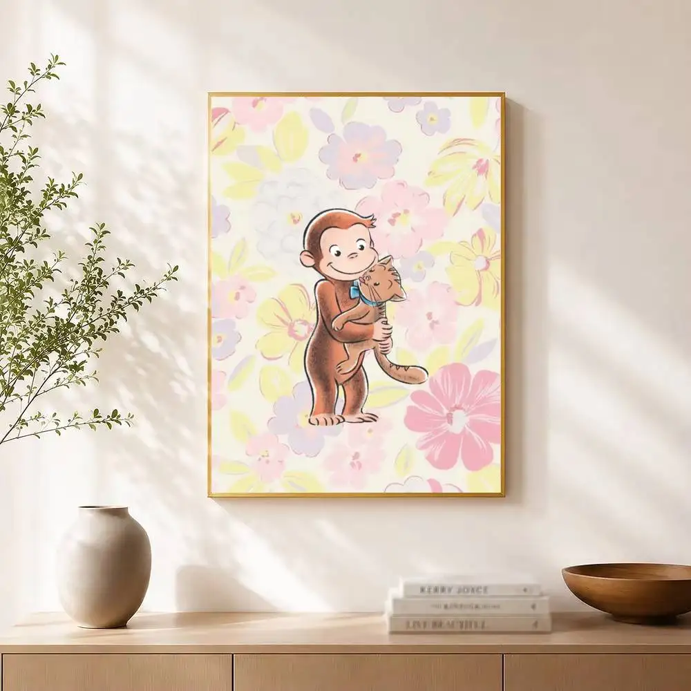 Cute Curious George Fashion Poster High Quality Dorm Living Room Aesthetic Wall Decoration Painting Stickers Gift