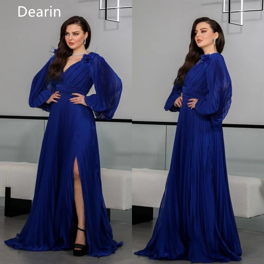 Dearin-Robe de Bal Formelle Personnalisée, Col en V A-ligne, Jupe Longueur au Sol, Drapée, sur Mesure, Arabie Saoudite