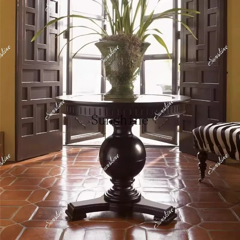 French retro solid wood round dining table marble surface coffee/dining table  FT