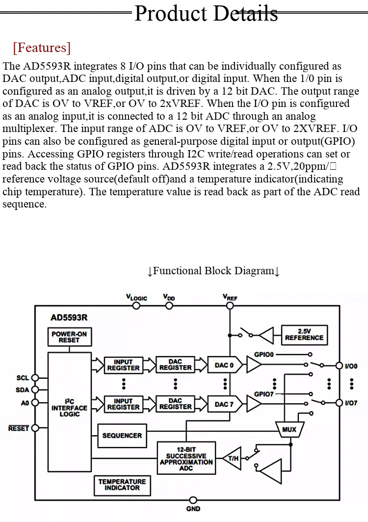 Das AD5593-Konvertermodul ADC/DAC kann mit einem 12-Bit-Analog-Digital-Wandler und 8 Kanälen konfiguriert werden. – Detail 2