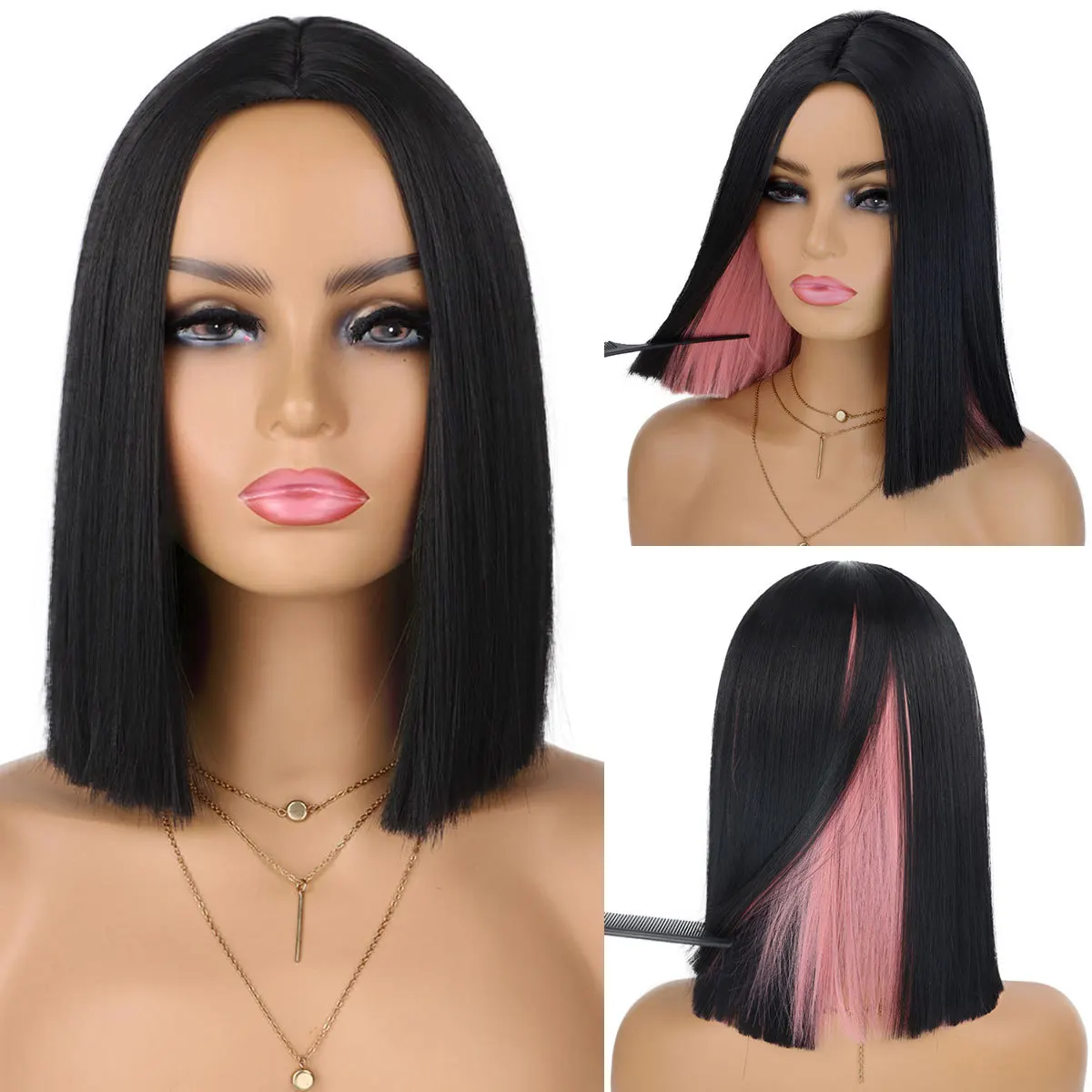 Synthetic Short Bob Wig with Bangs Colorful Cosplay Party Heat Resistant Fiber Full Head Bobo Hairstyle Costume Daily Halloween