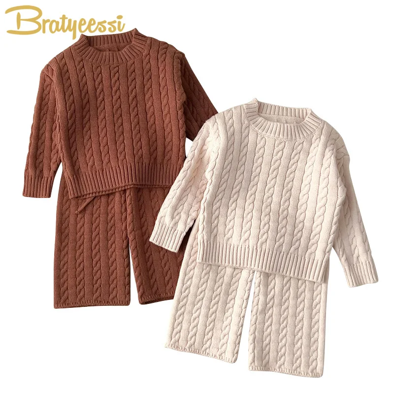 Conjunto de suéteres e calças coreanas de malha para meninas, roupa de malha para crianças, roupas infantis, terno, moda, 2 peças, primavera, outono