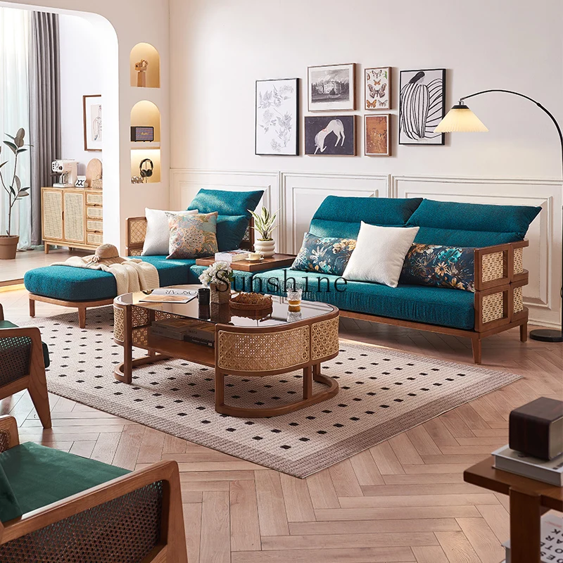 

Rattan solid wood Nordic home living room simple multi-functional leisure sofa