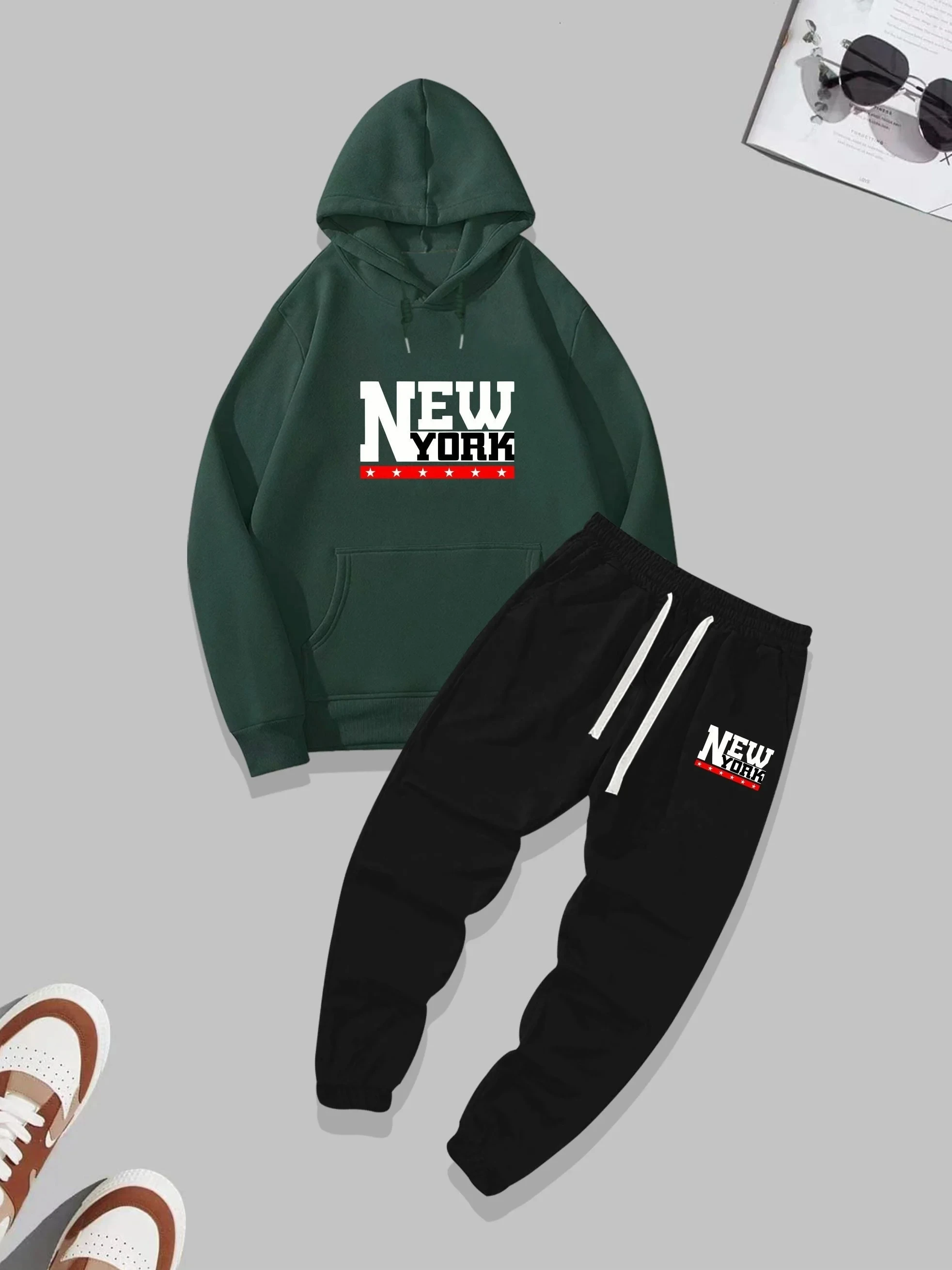 الرجال الخريف/الشتاء عارضة الدافئة نيويورك إلكتروني نمط مطبوعة فضفاضة سميكة المخملية هوديي + السراويل الرياضية مجموعة