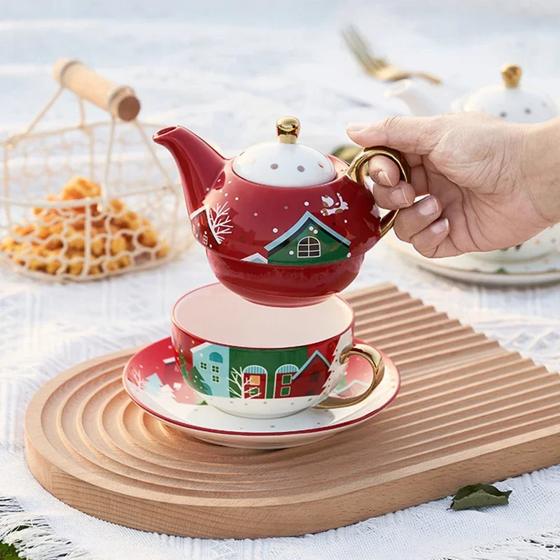 420ml Ceramic Tea for One Set Christmas Santa Claus Teapot Tea Cup Saucer Gold Plating Mug Handle Gift Box