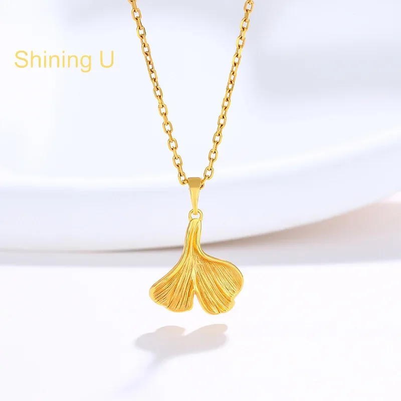 Shining U Light Yellow Gold Color Ginkgo Leaf Jewlery Set Earrings Necklace for Women Fashion Jewelry Gift