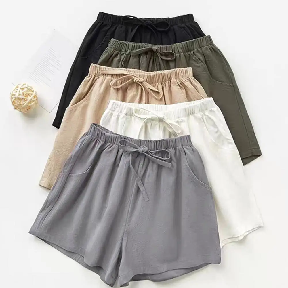 Women Shorts Drwastring Elastic Waist A-line Pleated Shorts Summer Casual Solid Two Pockets short pants For Girls Female Shorts