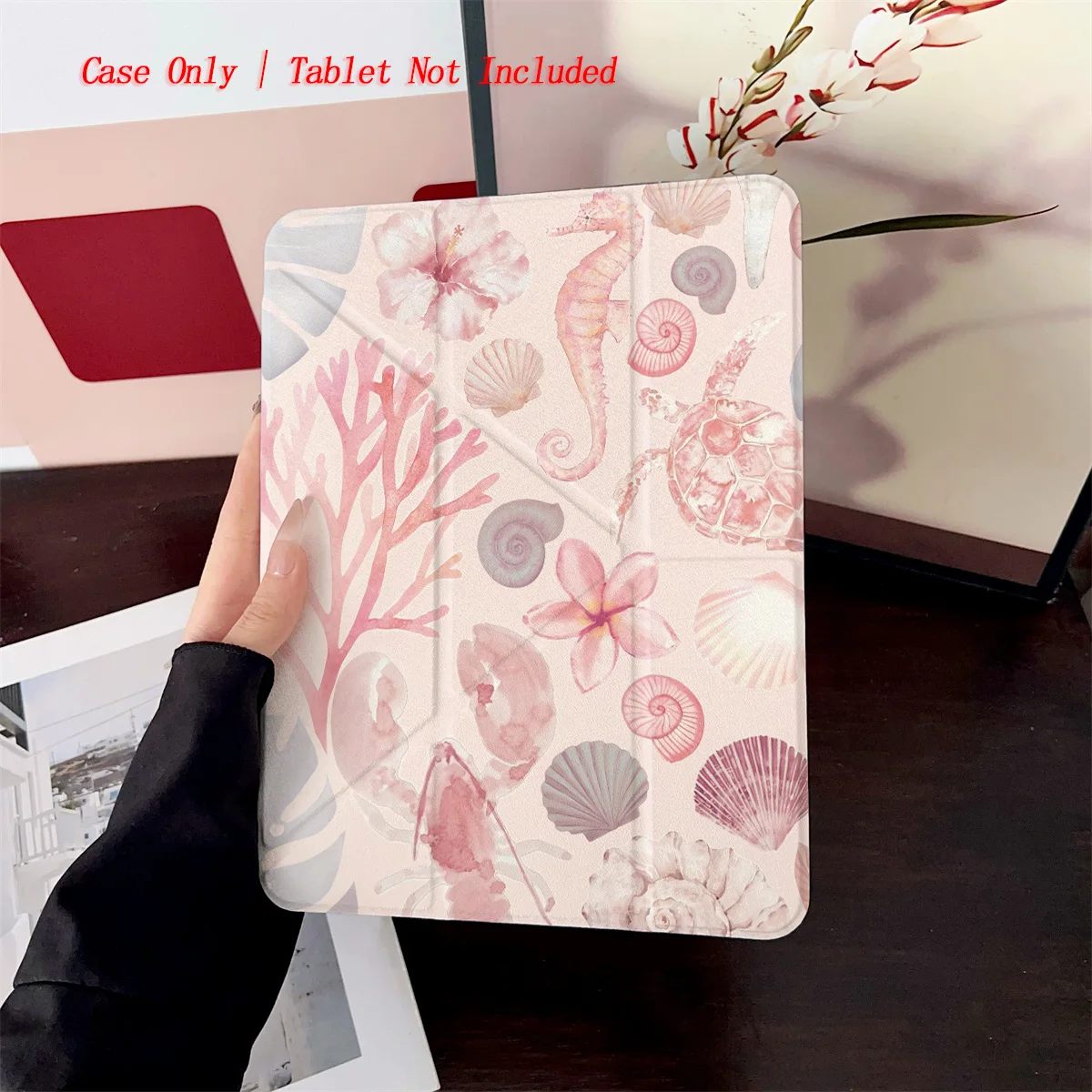 Playful Y-Fold Pastel Pink Marine Theme Print iPad Case For Apple iPad Pro/Air/Mini Slim Anti-Scratch Cover