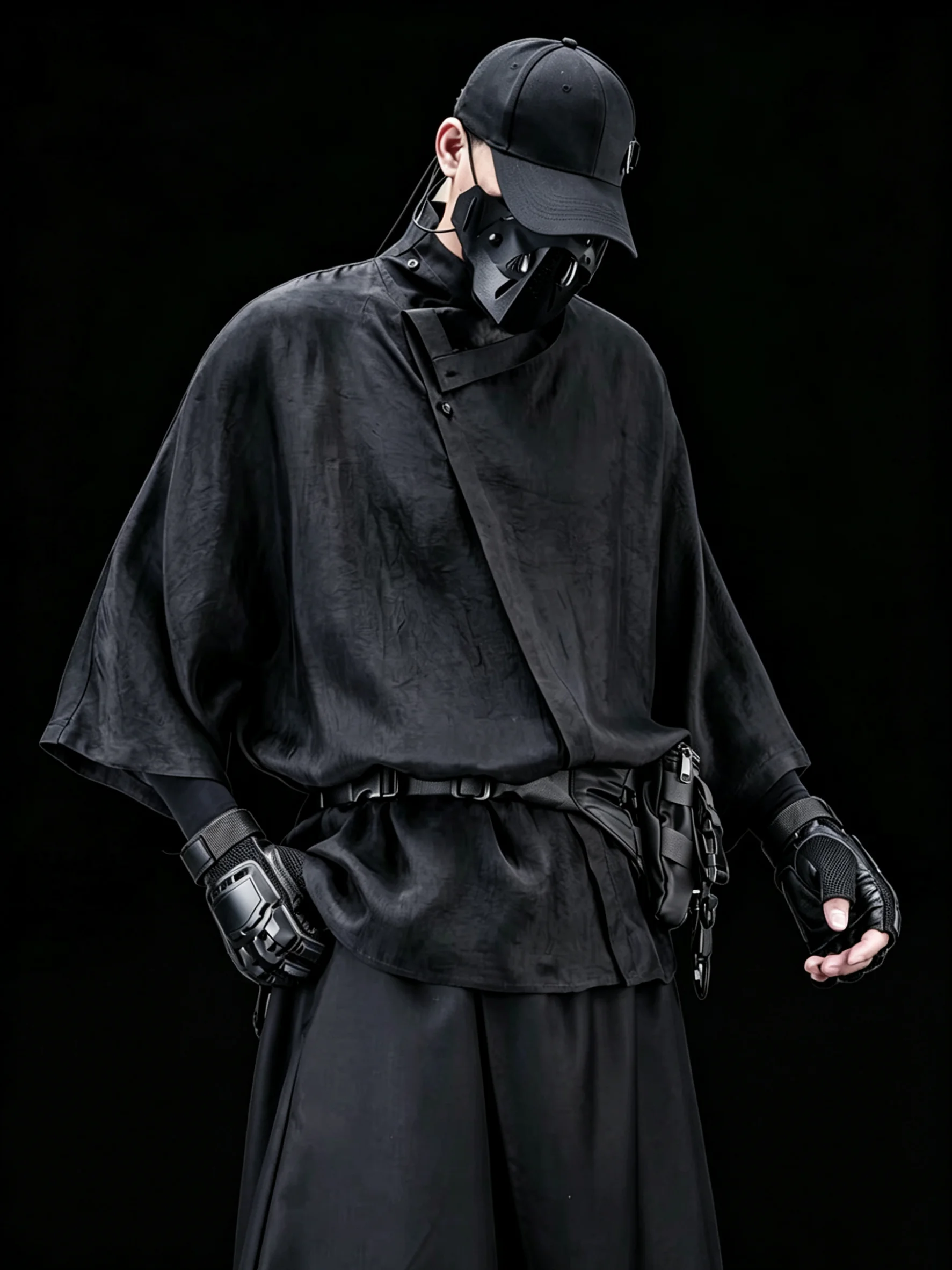 Dark Style Asymmetric Stand Collar Split Acetate Shirt Half Sleeve Men's Casual Fashion Summer Clothing Black Vinegar Shirt