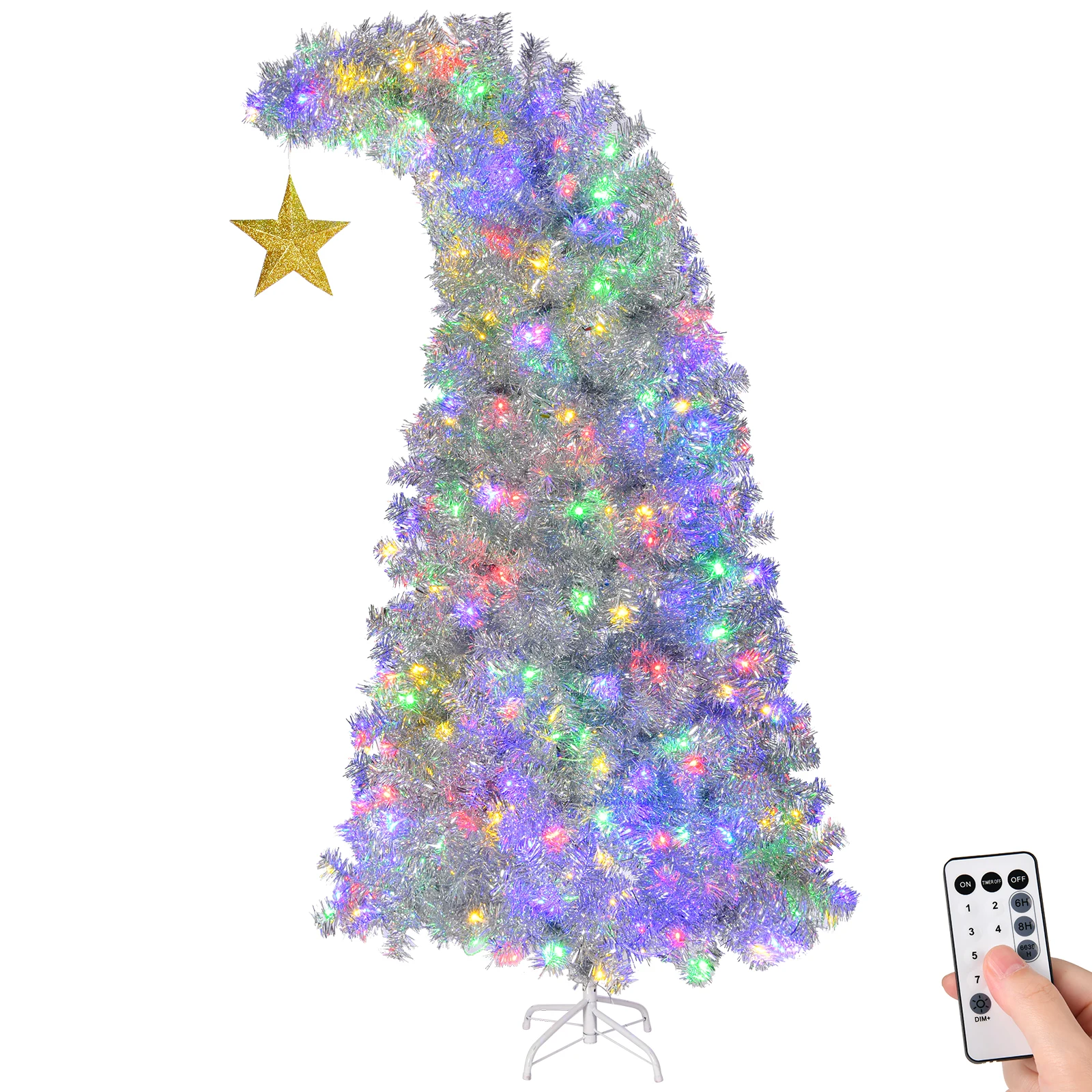 6 FT Bent Top Pre-lit Christmas Tree with Golden Star, Hinged Artificial Xmas Tree with 300 Lights