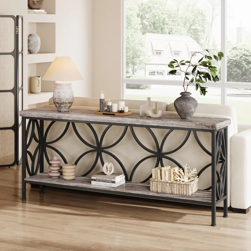 طاولة أريكة صناعية مقاس 70.9 بوصة، طاولة وحدة تحكم ضيقة من طبقتين مع مساحة تخزين لغرفة المعيشة، المدخل، الممر، رمادي عتيق #3