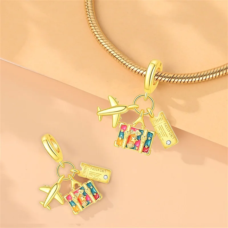 S925 Sterling Silver Vacation Dangle Charms Airplane Suitcase Beach Sea Shell Bead Fit Bracelet CZ Zircon Travel Jewelry Gifts
