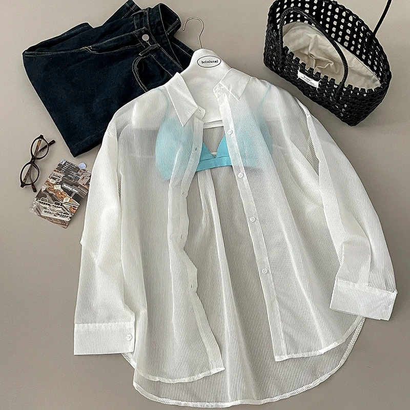 

Wedbleser Flip Collar Striped Sun Resistant Long Sleeved Shirt Summer 2025 New Casual Versatile Energetic Lightweight Casual Top