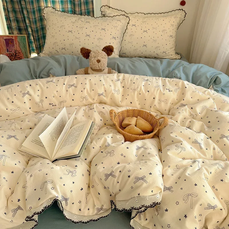Ins Style 100% Cotton Bedding Set French Lace Printed Bedclothes for Adult Kids Romantic Cozy Skin-Friendly Bedroom Decoration