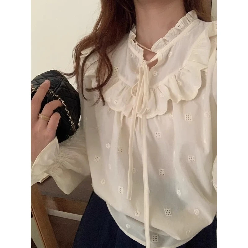Kawaii rendas até babados camisas femininas branco bordado manga longa moda coreana blusas transparentes soltas lolita topos