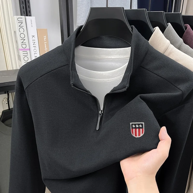 Luxury fashion brand autumn velvet warm knit sweater designer half zipper lapel badge embroidered original mens pullover sweater