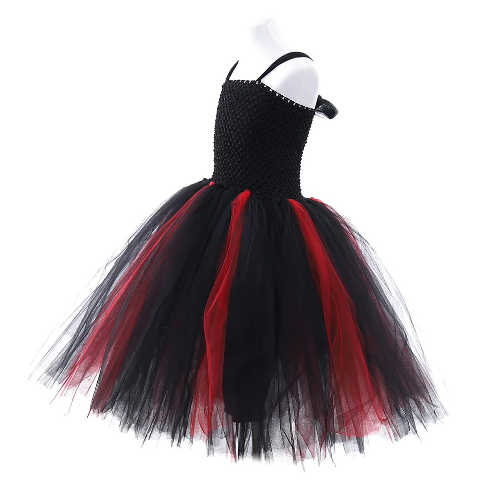 Halloween Festival Party Dress for Girls Witch Cosplay Costume Evil Witch Mesh Black red Lace TuTu Puffy Sleeves Sling Dress Set