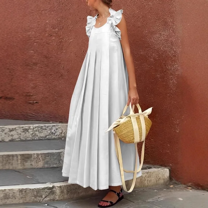 Robe d'été plissée sans manches pour femmes, col rond, ligne a, ample, couleur unie, décontractée et à la mode, Style vacances à la plage