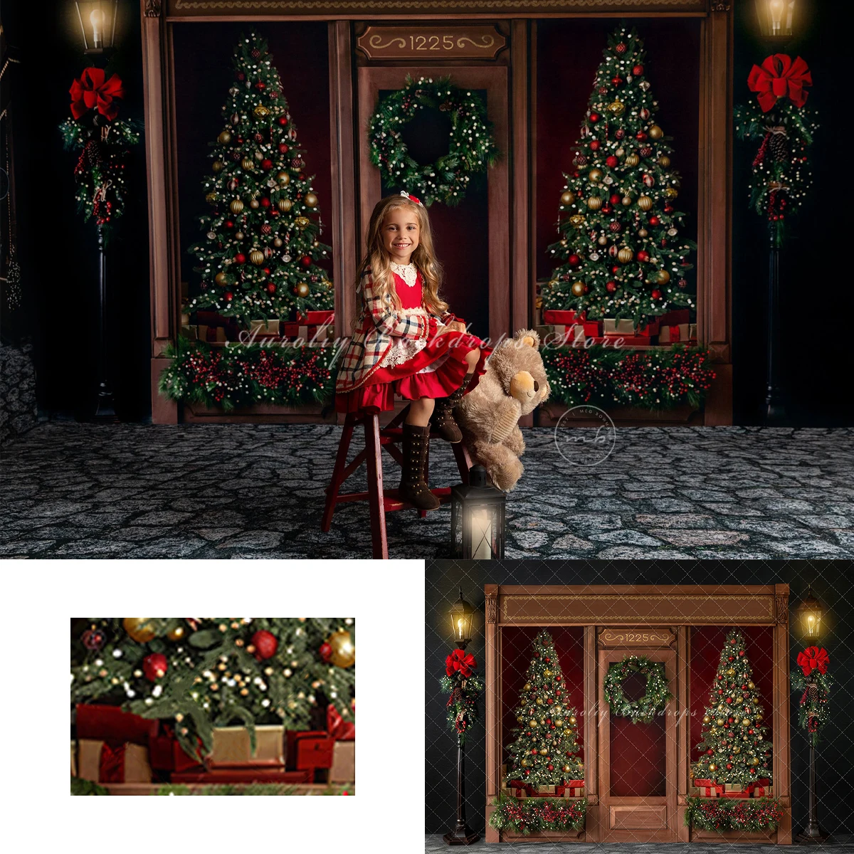 

Christmas Tree Store Backgrounds Vitrine Kids Adult Photography Props Child Baby Decors Studio Photo Xmas Street Lamp Backdrops