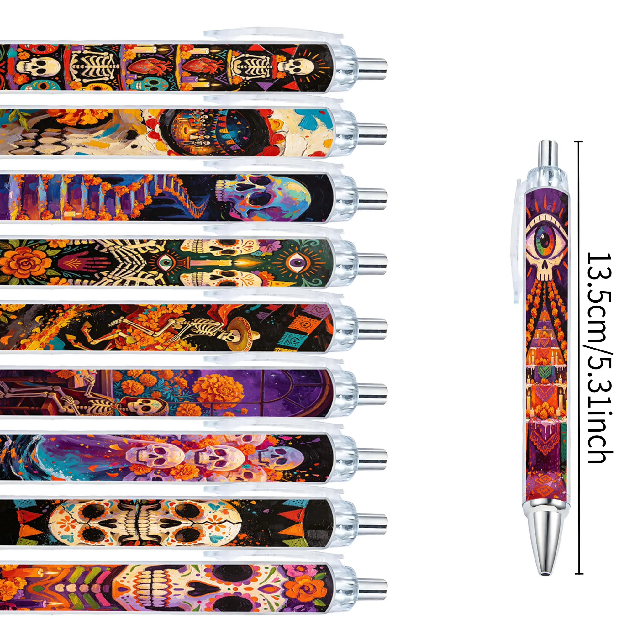 5Pcs/10Pcs Day of the Dead Themed Ballpoint Pens, Day of the Dead Themed Gift Pens with Oil Painting Design, Office Writing Pens, Random Styles