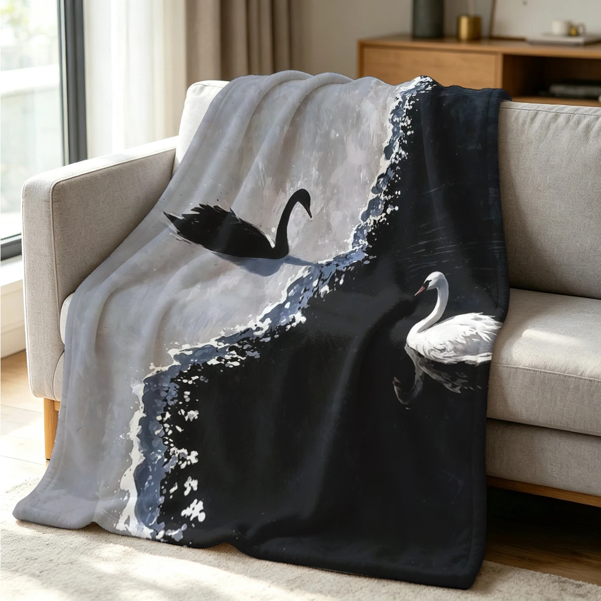 Dual Swans Flannel Blanket Warm Soft Halloween Christmas Couch Warm Cozy Decorative Decor Gift for All Season