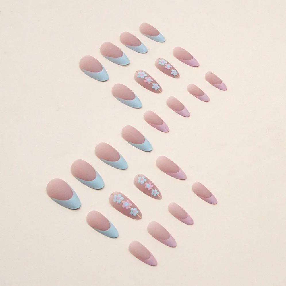 24 French Almond Nail Art Fake Nails Blue Pink Flower Frosted Textured False Nail Artificial Acrylic Removable Press On Nail Tip