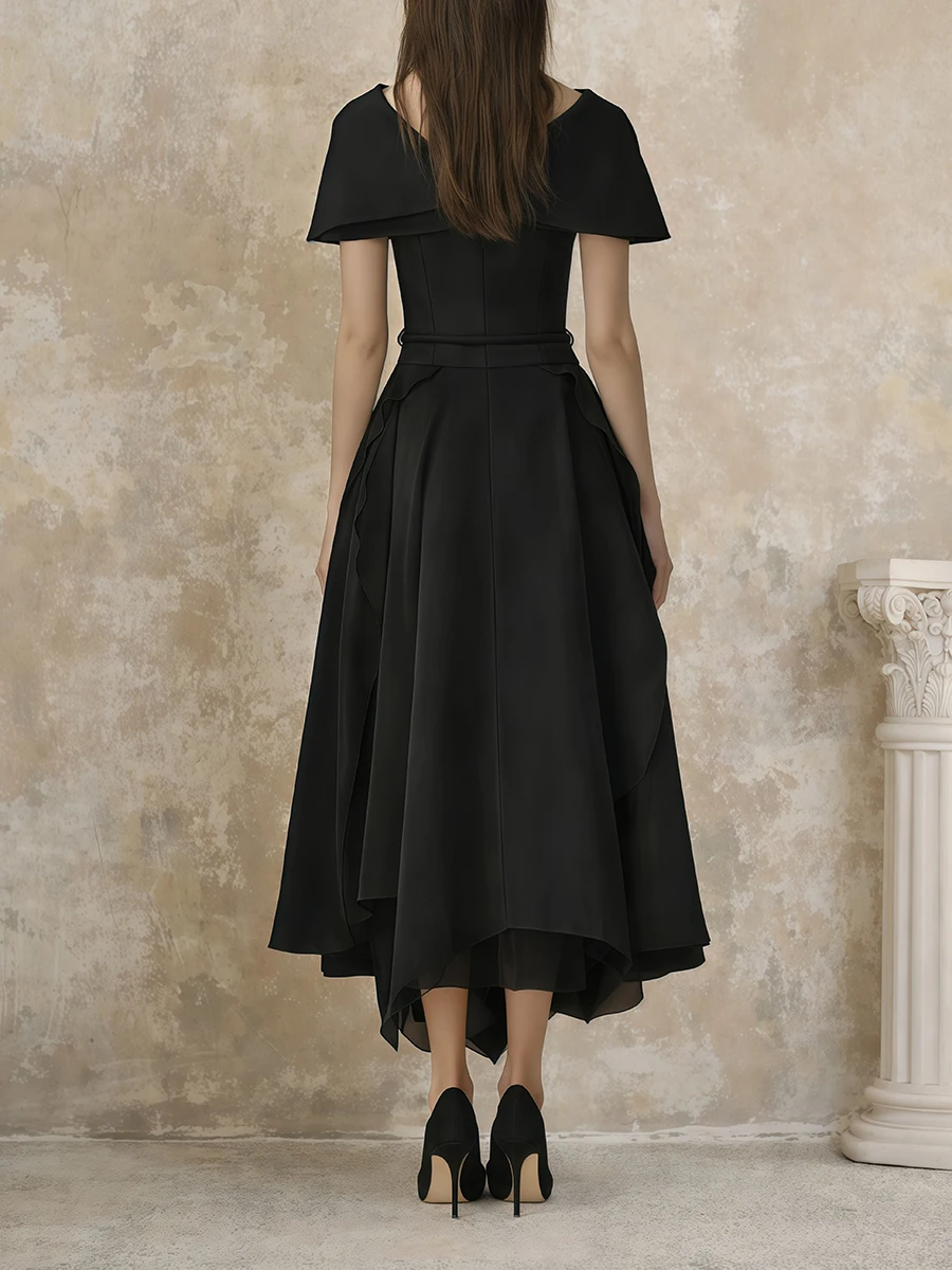 TWOTWINSTYLE Solid Spliced Fold Pleated Slimming Twinset for Women Slash Neck Sleeveless Patchwork Belted Dress Cape Set Female