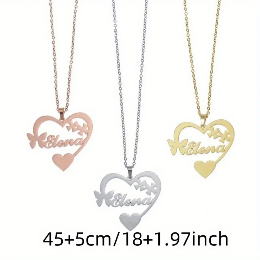 Customized Heart Name Necklace Personalized Bow & Star Design Pendant in Gold Silver & Rose Gold Elegant Heart Pednant Jewelry
