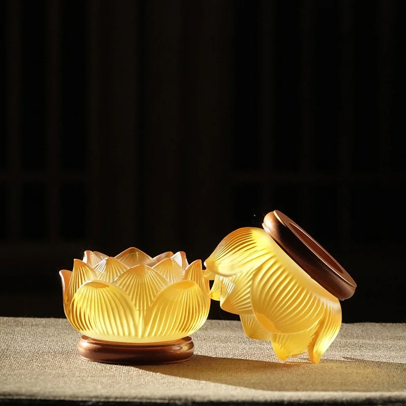 Exquisite glass lotus water supply cup purified water cup home Buddhist hall desktop decoration Buddhist supplies