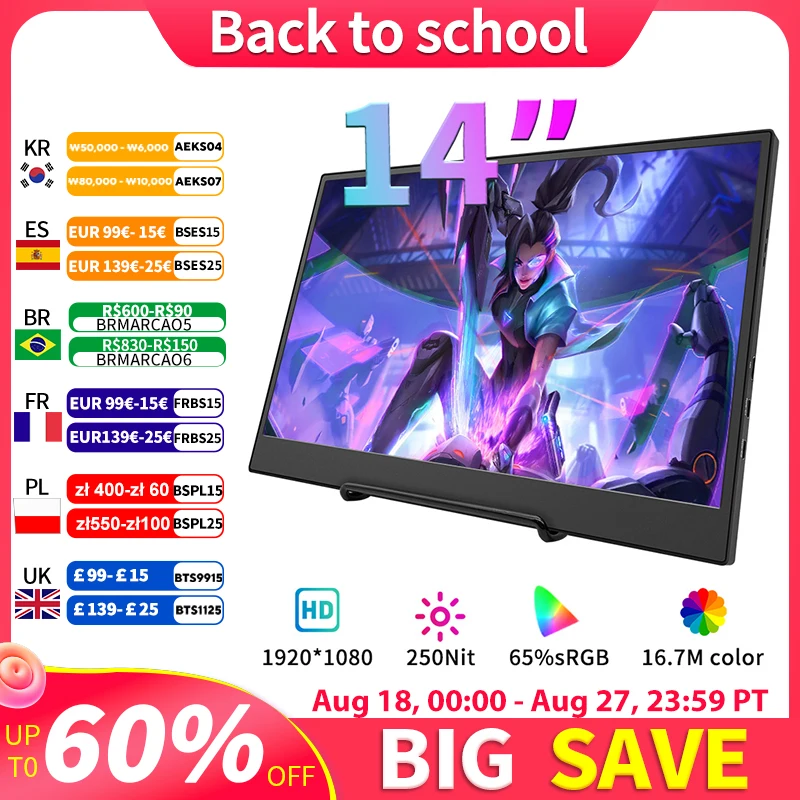 

14inch Portable monitor IPS Panel Screen USB Type C HDMI-Compatible Gaming Extended Display With Stand For Laptop/Switch