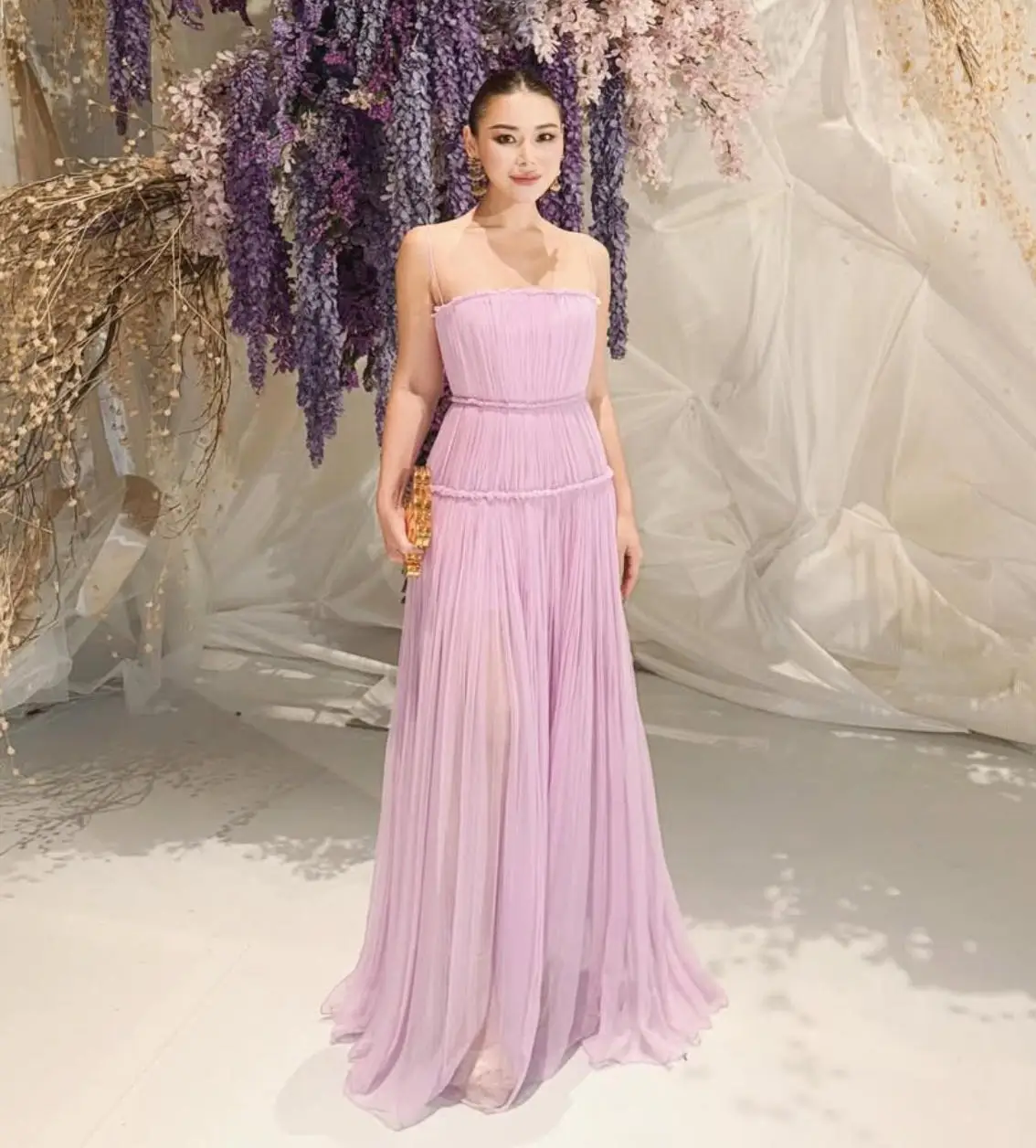 

Ofherown New Light Purple Strapless Pleated Evening Dress Sheer Chiffon Spaghetti Strap Prom Gown Elegant Bridesmaid Prom Dress