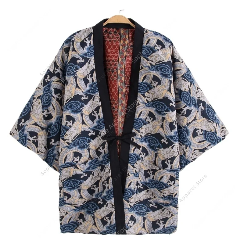Autumn Winter Japanese Dragon Print Hanten Coat Kimono Men Women Harajuku Loose Lightweight Yukata Top Jacket Reversible