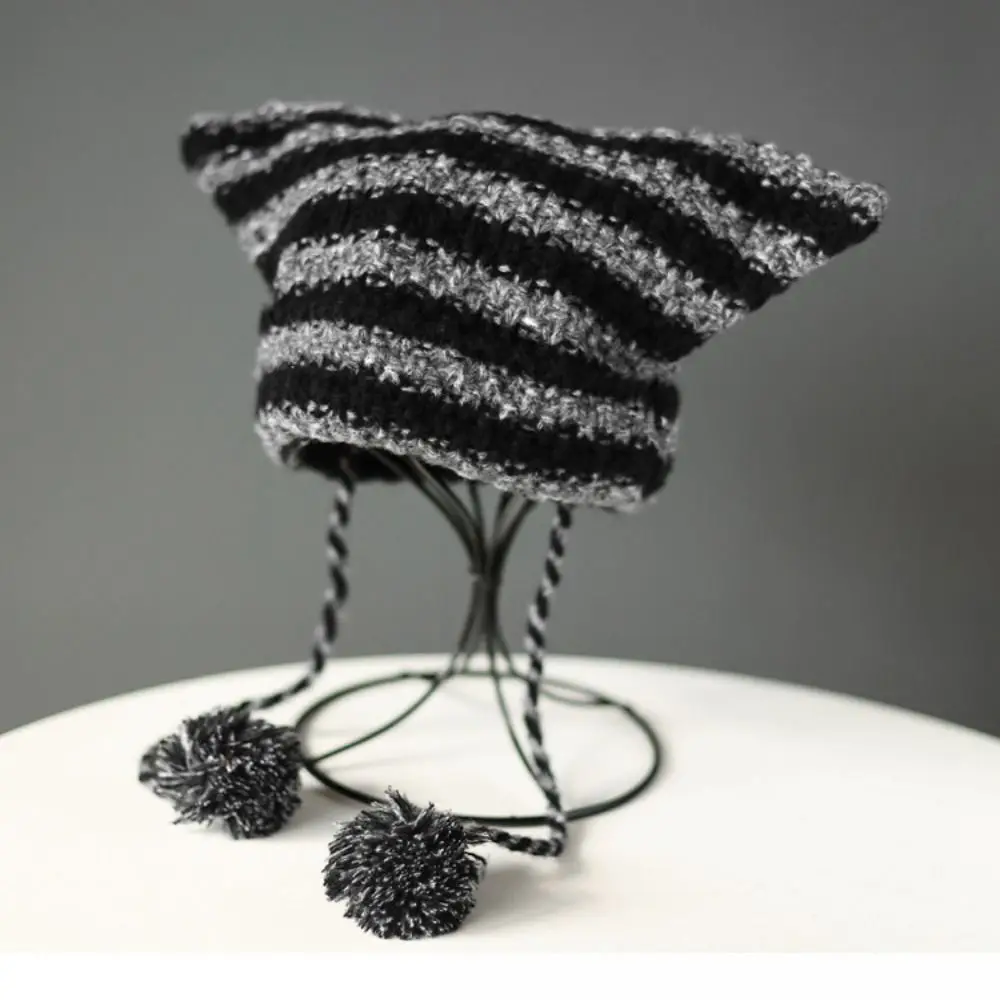 Y2K Cute Devil Knitted Beanie Hat Ins Skullies Striped Knitting Wool Cap Autumn Winter Cat Ears Pointed Pullover Women Hats NEW