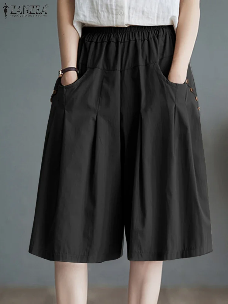 ZANZEA 2025 Summer Women Solid Half Shorts Fashion Elastic Waisted Button Short Pants Casual Pocket Overalls Korean Bottoms
