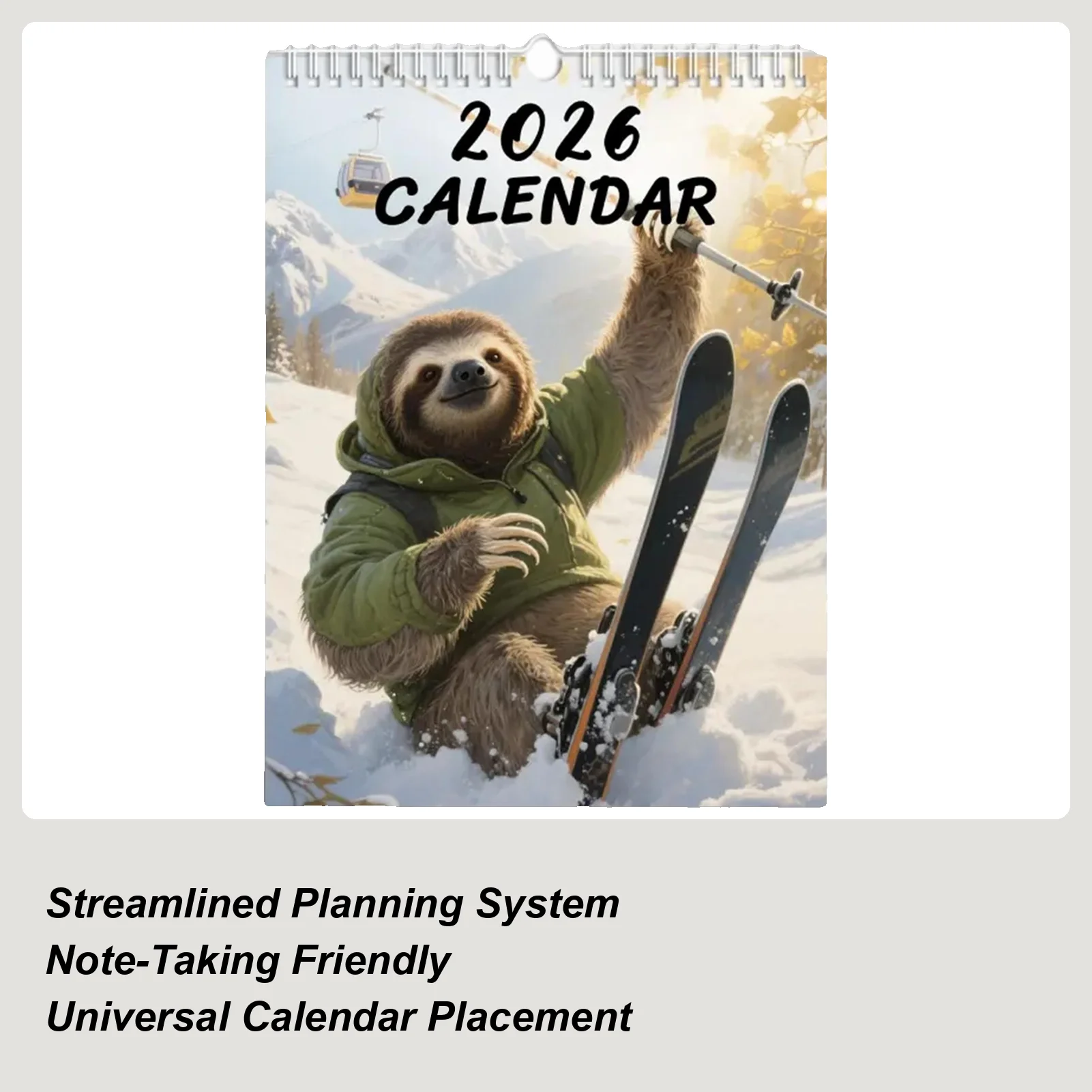 

Забавный календарь-ленивец на 2026 год, милый ленивец, катание на лыжах, 12-месячный планировщик, календарь с животными, 8,27x11,02 дюйма, настенный календарь на 12 месяцев для домашней школы