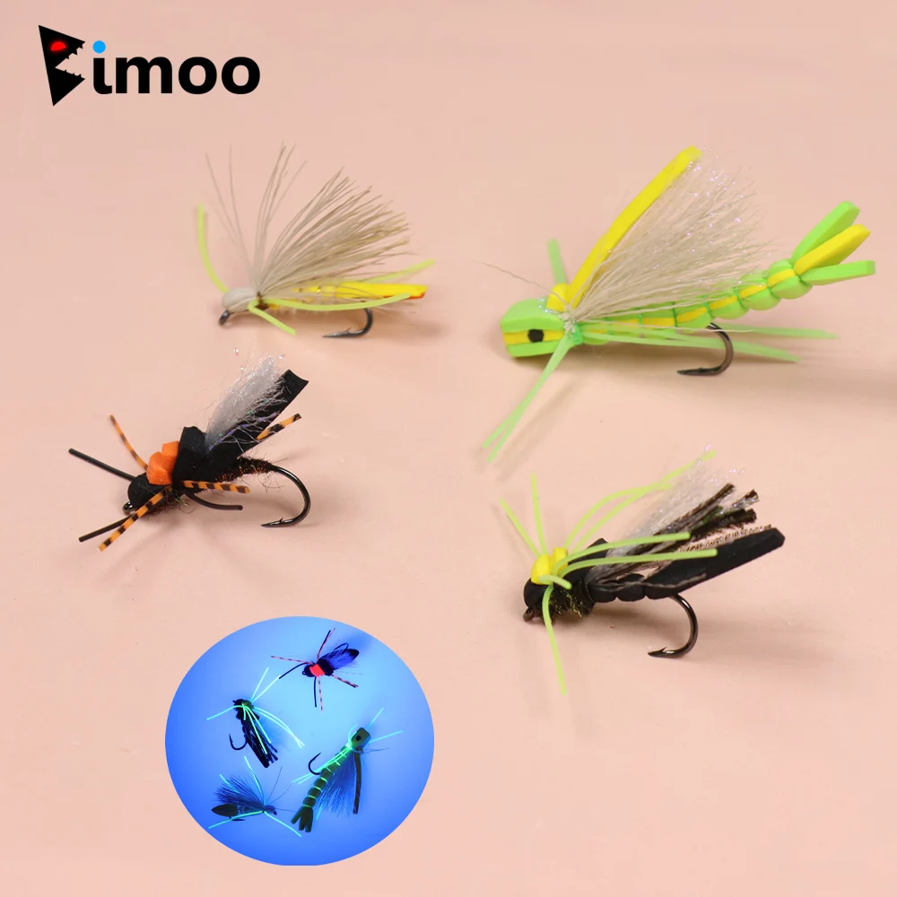 Bimoo 4 piezas # 4 # 8 # 10 Señuelos de Pesca Madam Spider Foam Dry Fly Hopper, Señuelos Flotantes Tipo Salamandra para Pesca de Trucha, Lubina, Salmón y Crappie