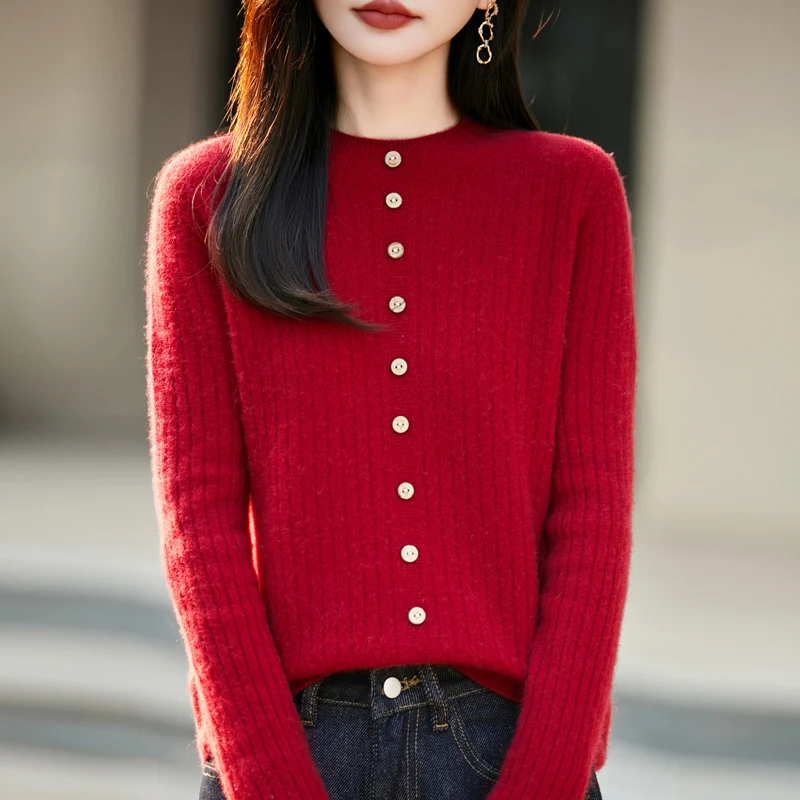 

100% Pure Wool Women's Knitted Buttons Striped Semi-high Neck Long Sleeve Wool sweater Solid Color high Quality Joker Outdoor Wa