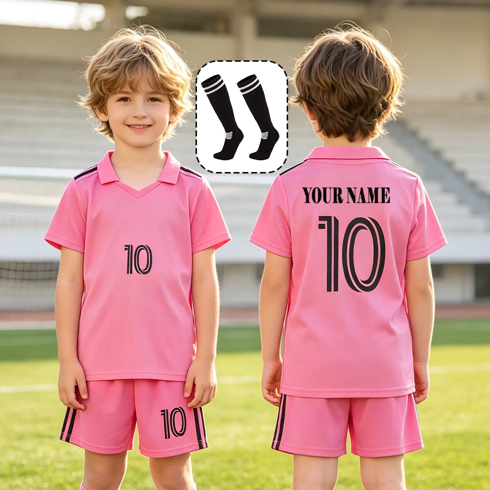Boys Football Jersey Set Pink Soccer T-shirt +Short+Socks Custom Name Boys Girls Summer Sports Set 3-13 Years