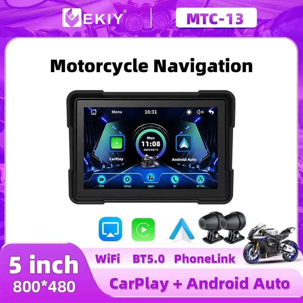 EKIY 5.0inch MOTO CarPlay Display Screen Navigation Motorcycle Dual Bluetooth Portable Motorcycle Wireless Android Auto