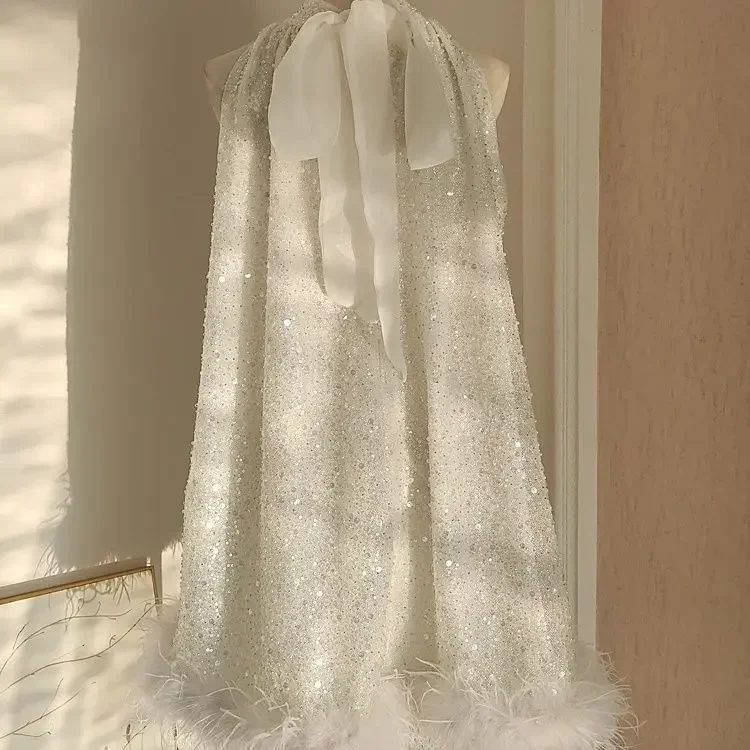 New High end Fairy French Halter Neck Sleeveless Dress Spring/Summer Fashion Loose Hollow Bow Knot A-line Short Dress for Women